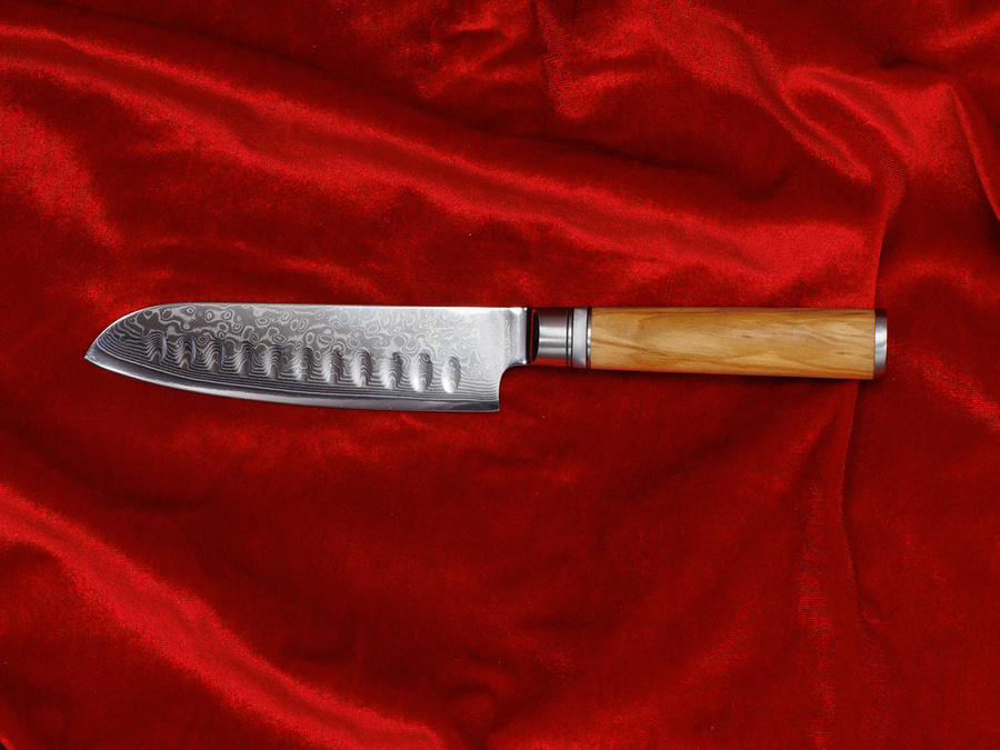 Nóż Santoku z grawerem Aka Tori ze stali damasceńskiej 5" - Kyoto Olive
