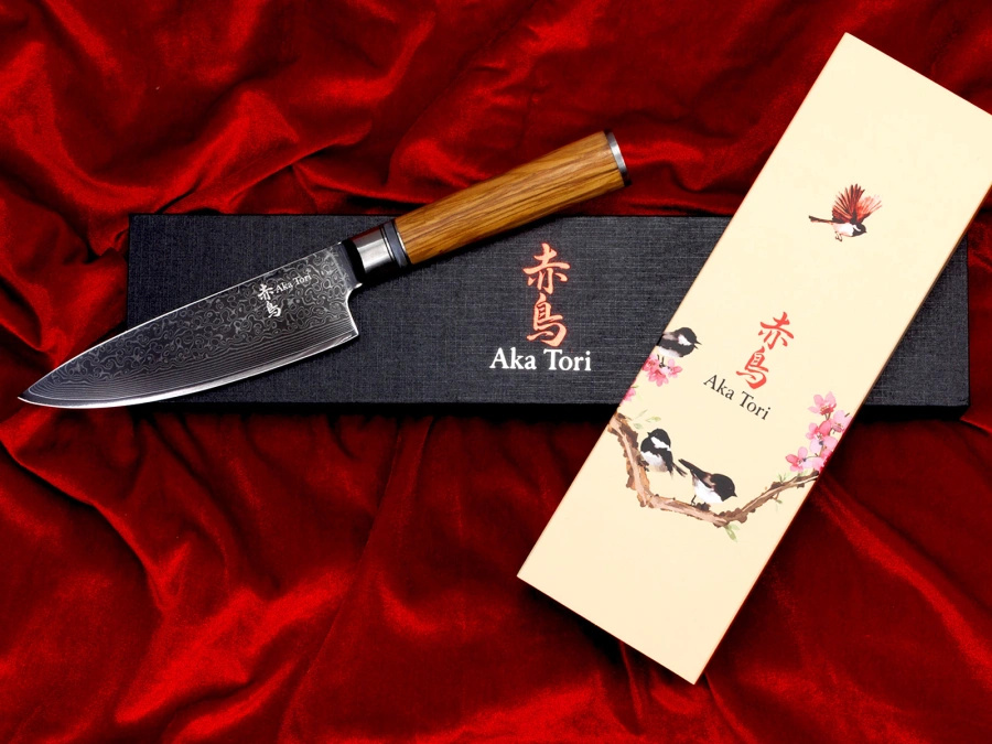 Nóż szefa kuchni z grawerem Aka Tori ze stali damasceńskiej 6" - Kyoto Olive