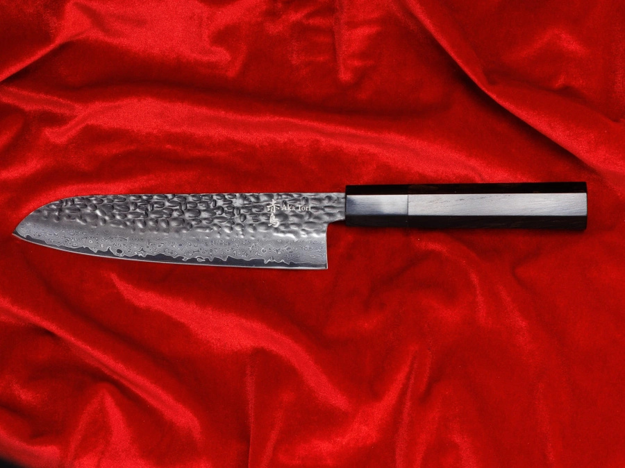 Nóż Santoku z grawerem Aka Tori ze stali damasceńskiej 7" - Tokyo Black