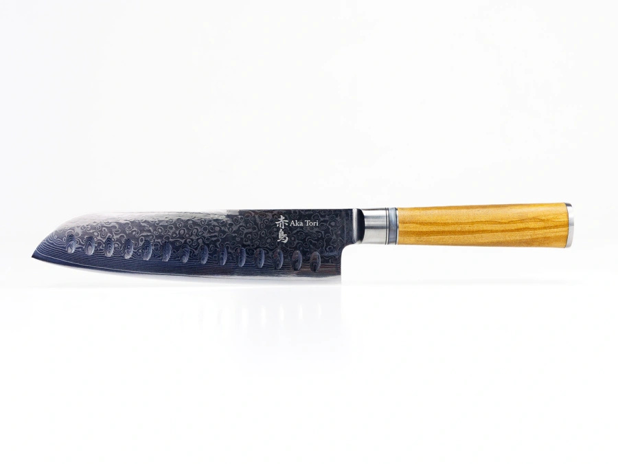 Nóż Santoku z grawerem Aka Tori ze stali damasceńskiej 7" - Kyoto Olive