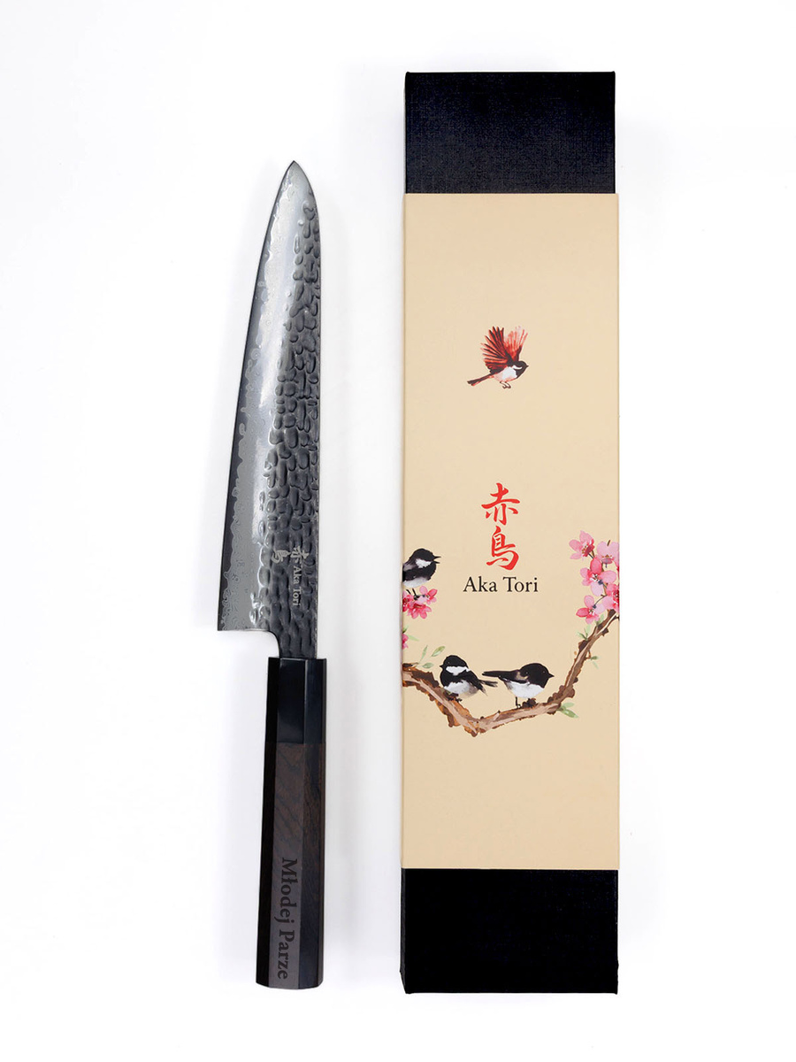 Nóż szefa kuchni z grawerem Aka Tori ze stali damasceńskiej 8" - Tokyo Black