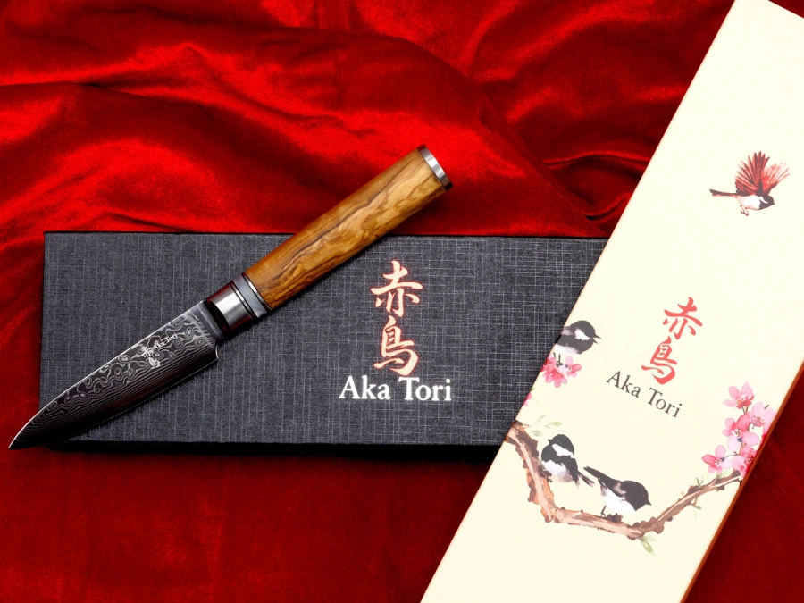 Nóż do obierania z grawerem Aka Tori ze stali damasceńskiej 3,5" - Kyoto Olive