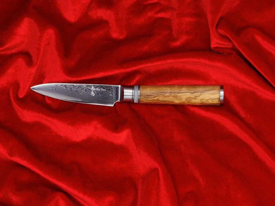 Nóż do obierania z grawerem Aka Tori ze stali damasceńskiej 3,5" - Kyoto Olive