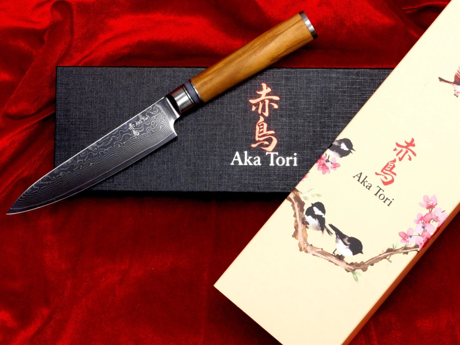 Nóż uniwersalny z grawerem Aka Tori ze stali damasceńskiej 5" - Kyoto Olive
