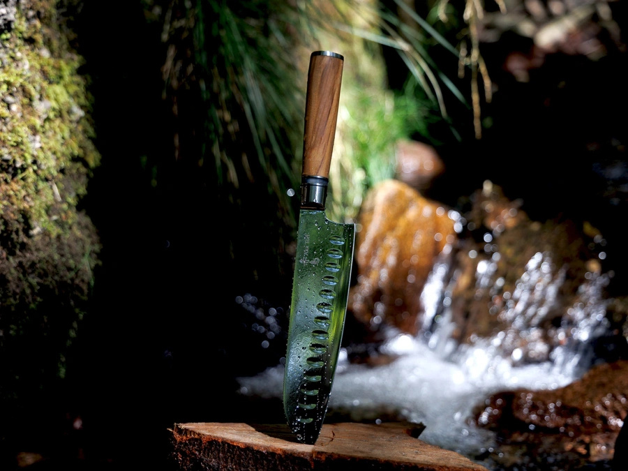 Nóż Santoku z grawerem Aka Tori ze stali damasceńskiej 7" - Kyoto Olive