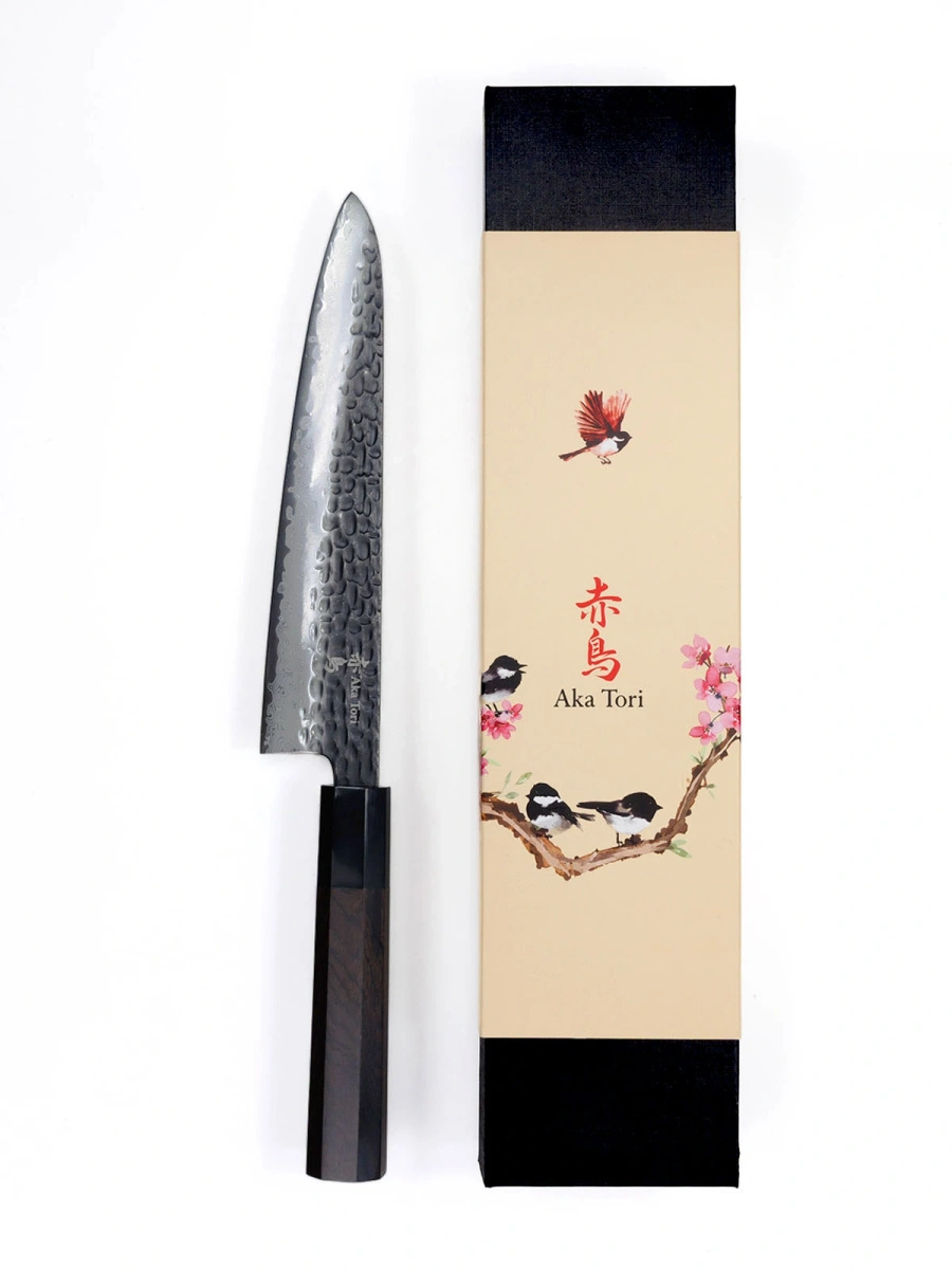Nóż szefa kuchni z grawerem Aka Tori ze stali damasceńskiej 8" - Tokyo Black