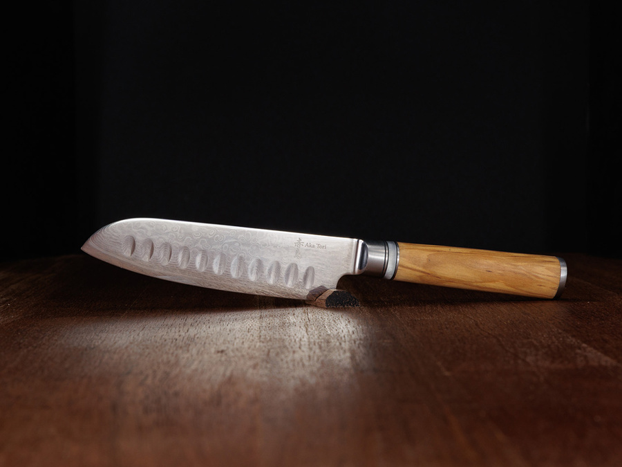 Nóż Santoku z grawerem Aka Tori ze stali damasceńskiej 5" - Kyoto Olive