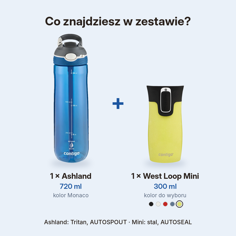 Zestaw Contigo butelka Ashland 720 ml + kubek termiczny West Loop Mini 300 ml – żółty metalik