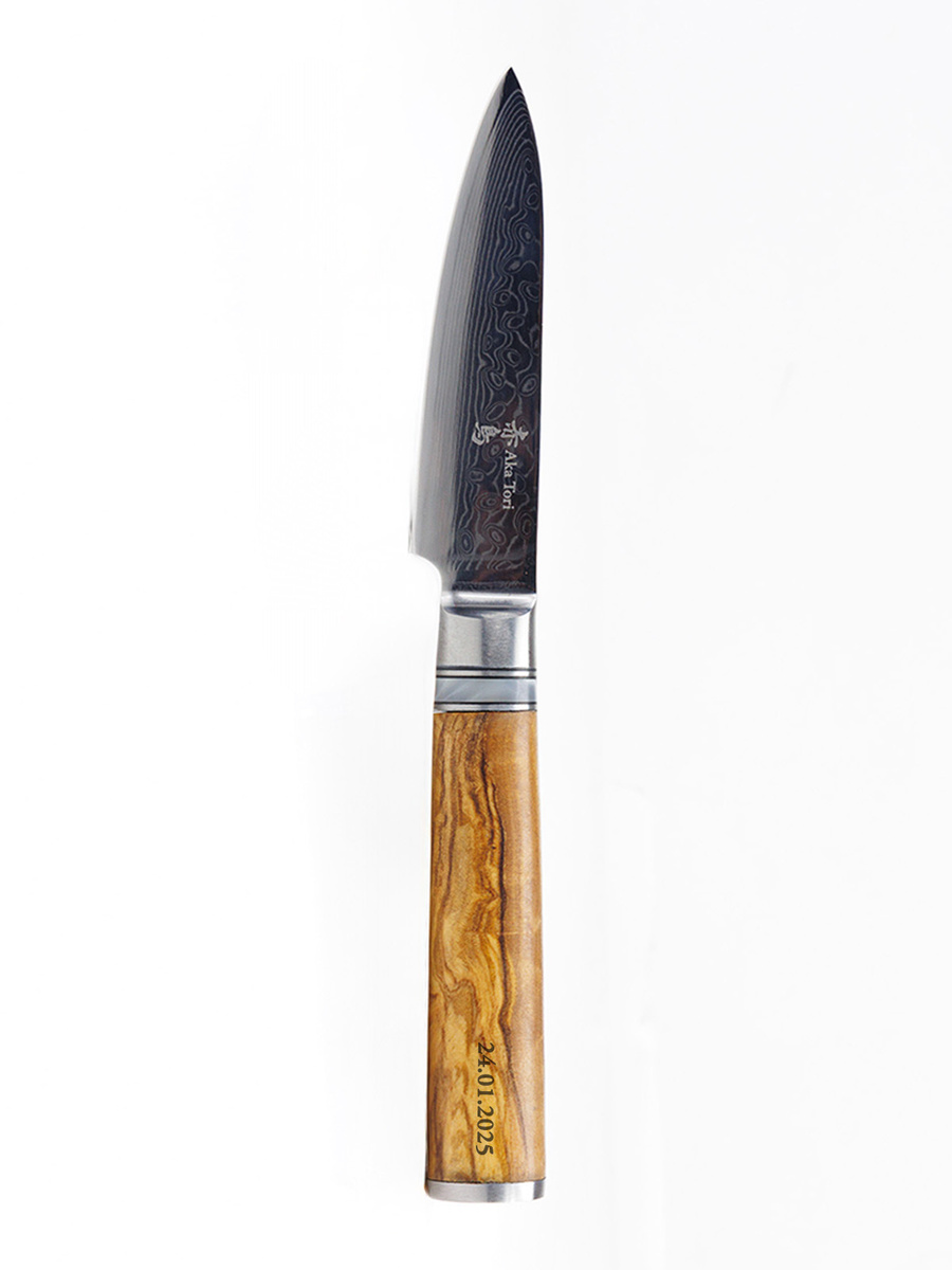 Nóż do obierania z grawerem Aka Tori ze stali damasceńskiej 3,5" - Kyoto Olive