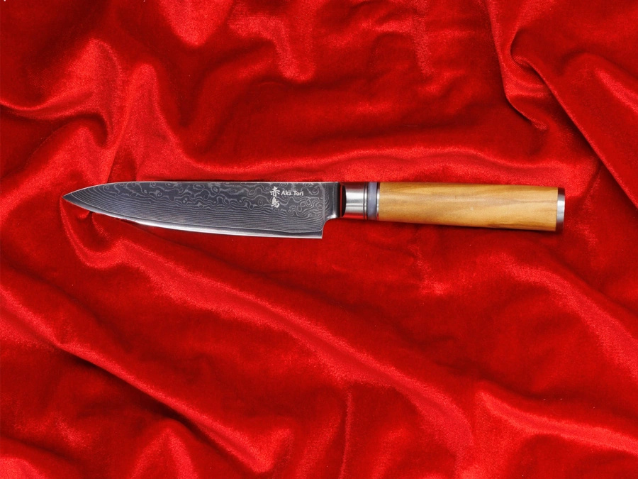 Nóż uniwersalny z grawerem Aka Tori ze stali damasceńskiej 5" - Kyoto Olive