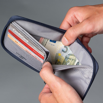 Portfel antykradzieżowy męski mały RFID Pacsafe - granatowy