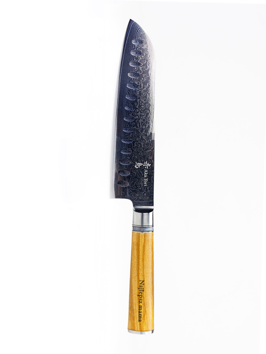 Nóż Santoku z grawerem Aka Tori ze stali damasceńskiej 7" - Kyoto Olive