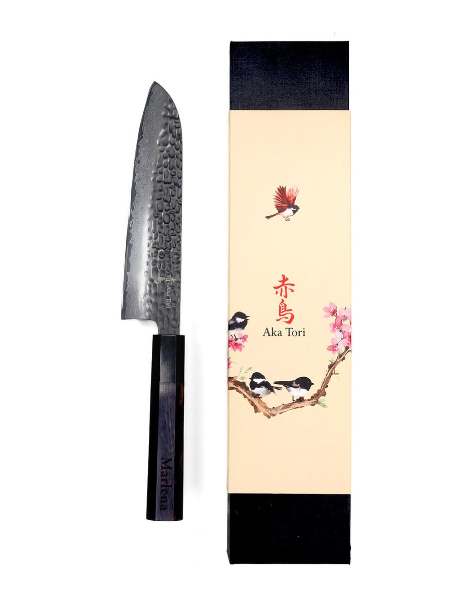 Nóż Santoku z grawerem Aka Tori ze stali damasceńskiej 7" - Tokyo Black