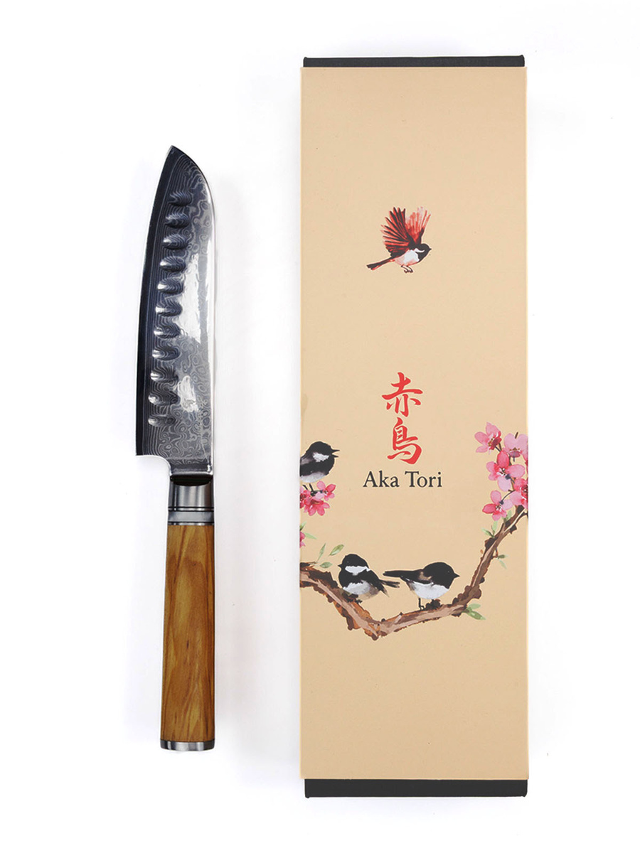 Nóż Santoku z grawerem Aka Tori ze stali damasceńskiej 5" - Kyoto Olive