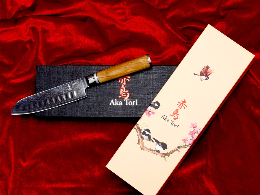 Nóż Santoku z grawerem Aka Tori ze stali damasceńskiej 5" - Kyoto Olive