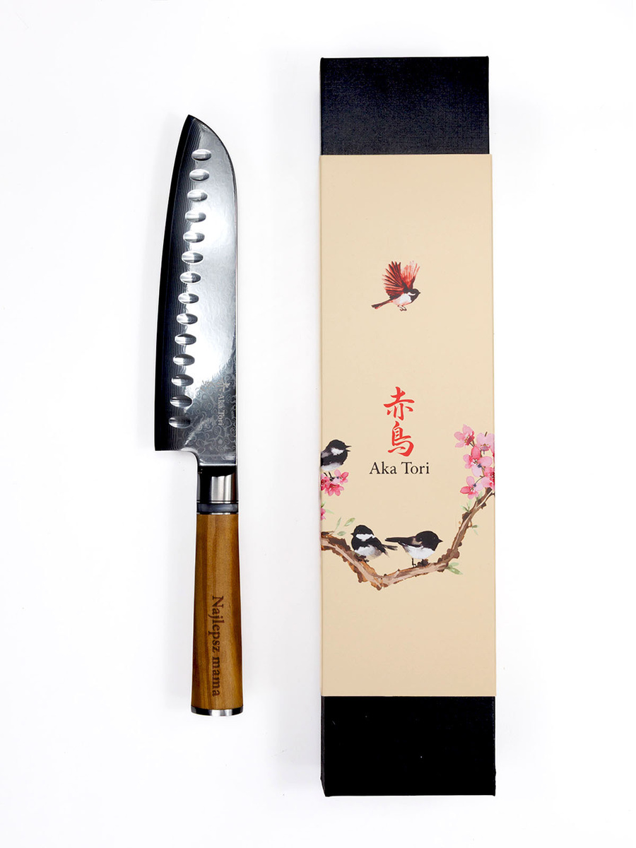 Nóż Santoku z grawerem Aka Tori ze stali damasceńskiej 5" - Kyoto Olive