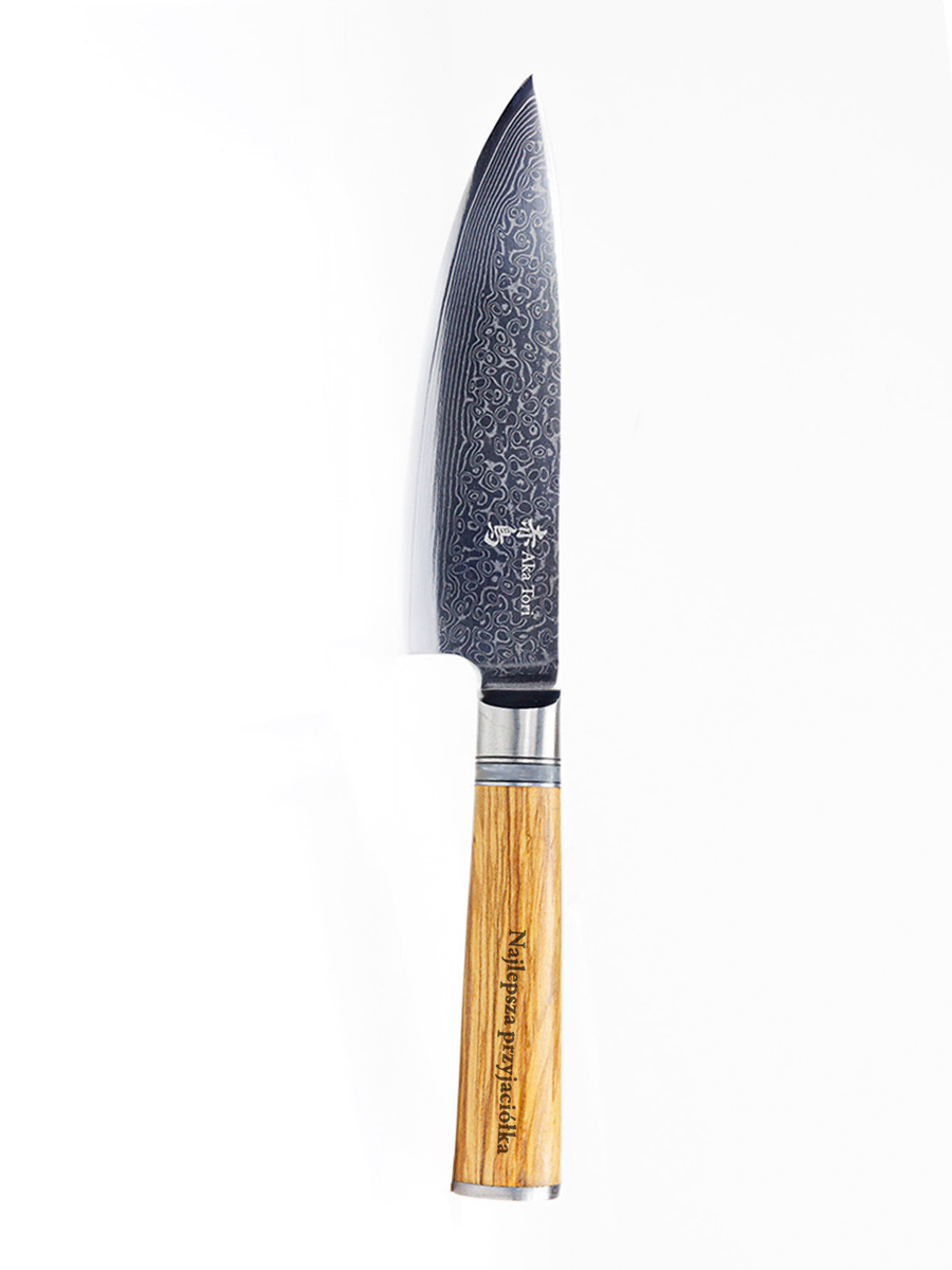 Nóż szefa kuchni z grawerem Aka Tori ze stali damasceńskiej 6" - Kyoto Olive