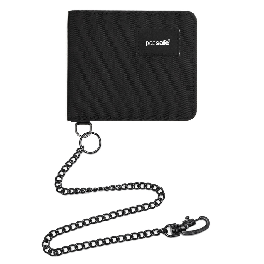 Zestaw antykradzieżowy Pacsafe – portfel RFID czarny + łańcuszek Turn’nLock™