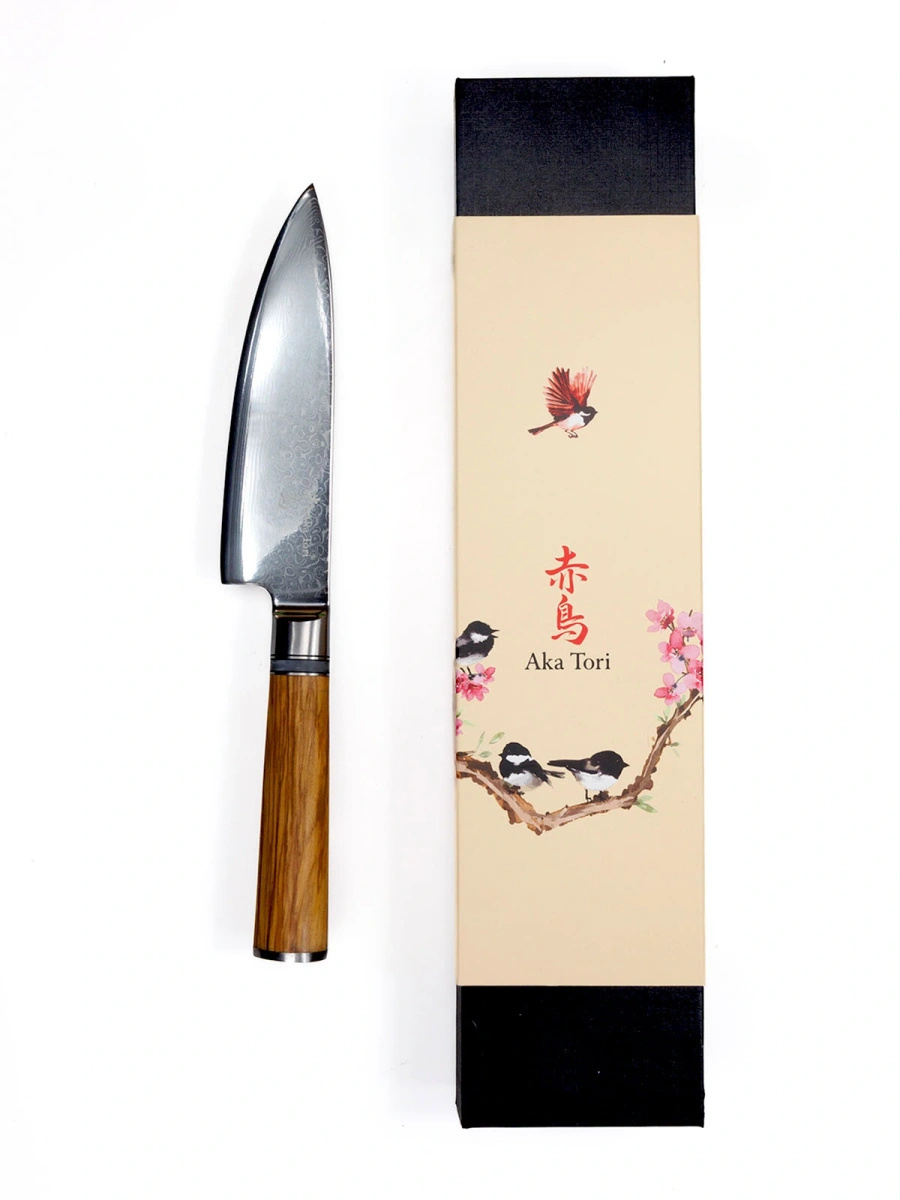 Nóż szefa kuchni z grawerem Aka Tori ze stali damasceńskiej 6" - Kyoto Olive
