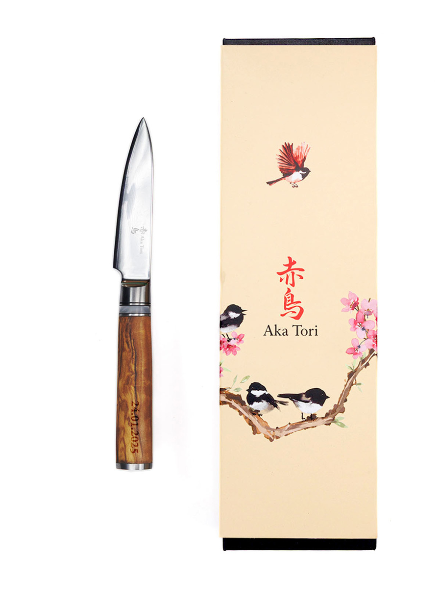 Nóż do obierania z grawerem Aka Tori ze stali damasceńskiej 3,5" - Kyoto Olive