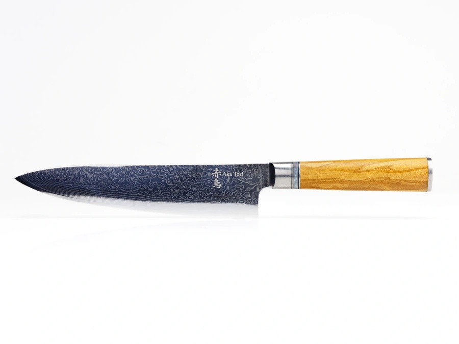 Nóż Szefa Kuchni z grawerem Aka Tori ze stali damasceńskiej 8" - Kyoto Olive