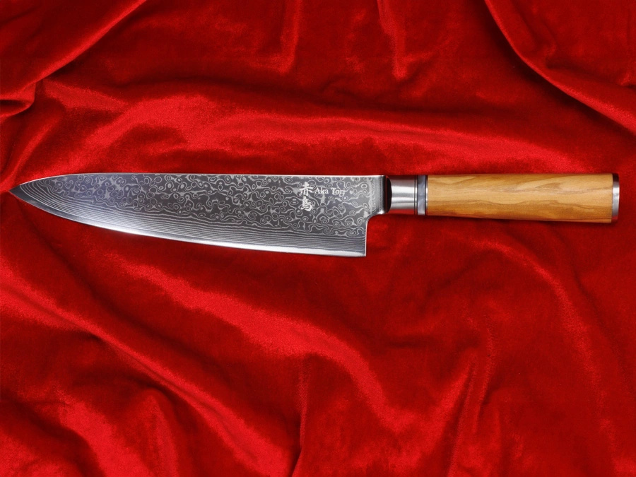 Nóż Szefa Kuchni z grawerem Aka Tori ze stali damasceńskiej 8" - Kyoto Olive