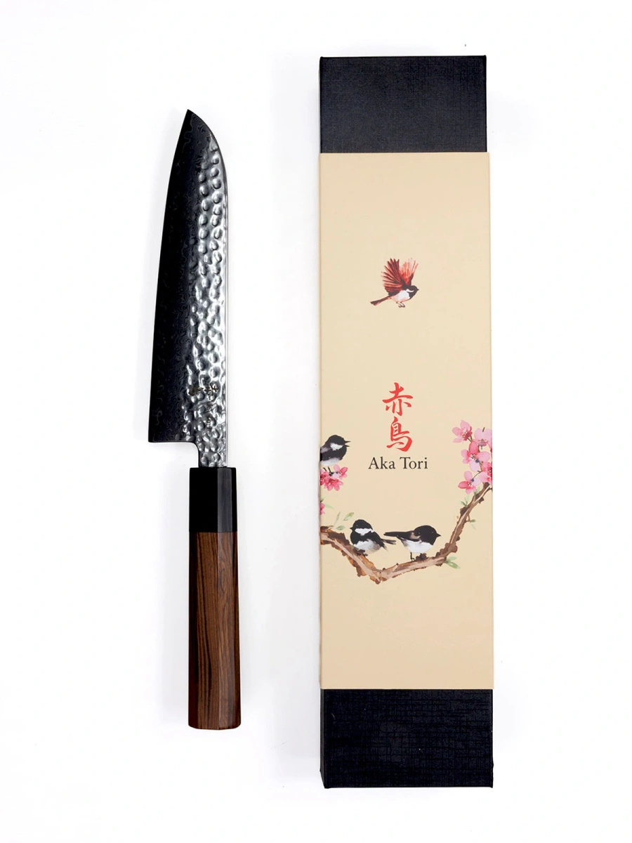 Nóż Santoku z grawerem Aka Tori ze stali damasceńskiej 7" - Tokyo Hammer