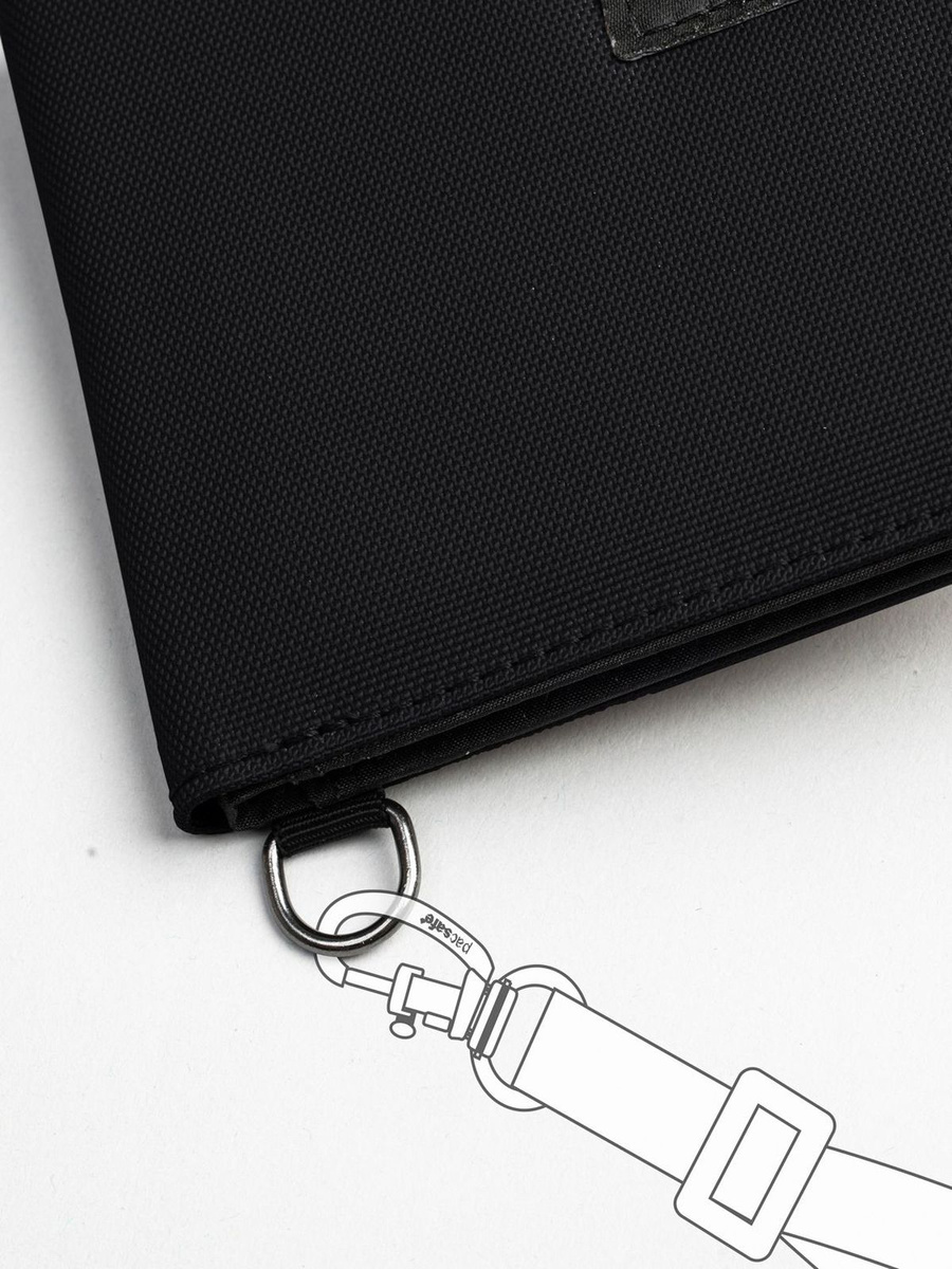 Zestaw antykradzieżowy Pacsafe – portfel RFID czarny + łańcuszek Turn’nLock™