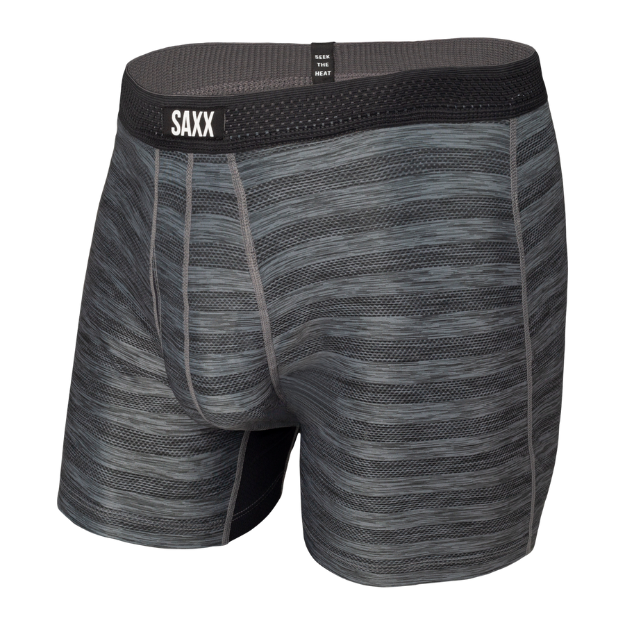 Bokserki męskie chłodzące / sportowe z rozporkiem SAXX HOT SHOT Boxer Brief Fly w paski – czarne