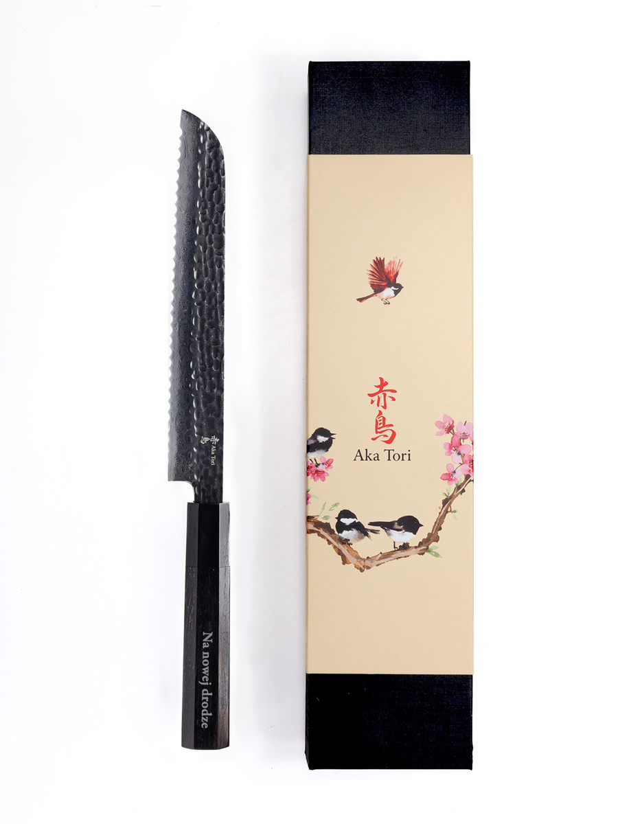 Nóż do chleba z grawerem Aka Tori ze stali damasceńskiej 8" - Tokyo Black