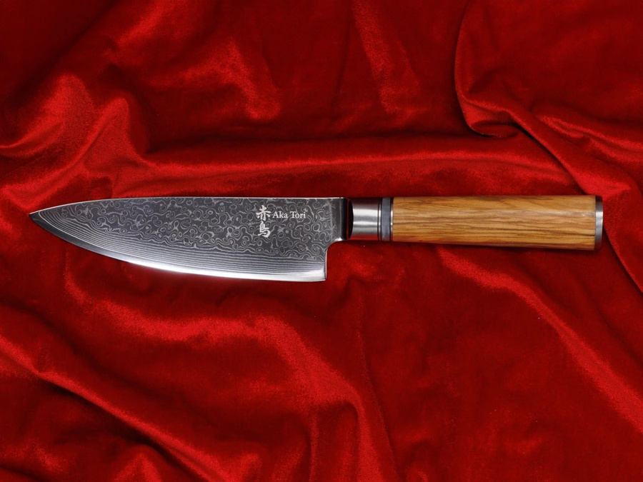 Nóż szefa kuchni z grawerem Aka Tori ze stali damasceńskiej 6" - Kyoto Olive
