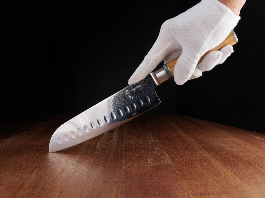 Nóż Santoku z grawerem Aka Tori ze stali damasceńskiej 7" - Kyoto Olive
