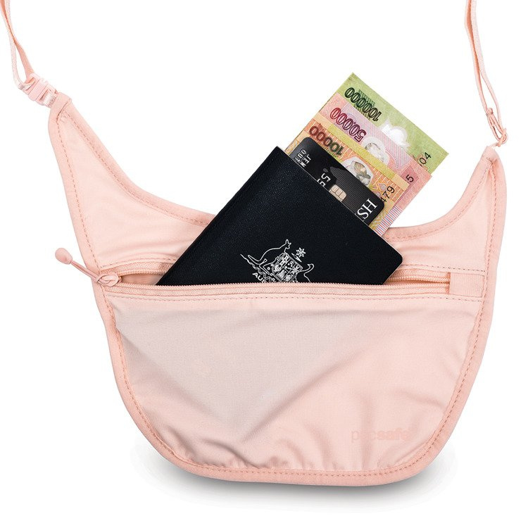 Dyskretny, antykradzieżowy portfel pod ubranie Pacsafe Coversafe S80 - różowy