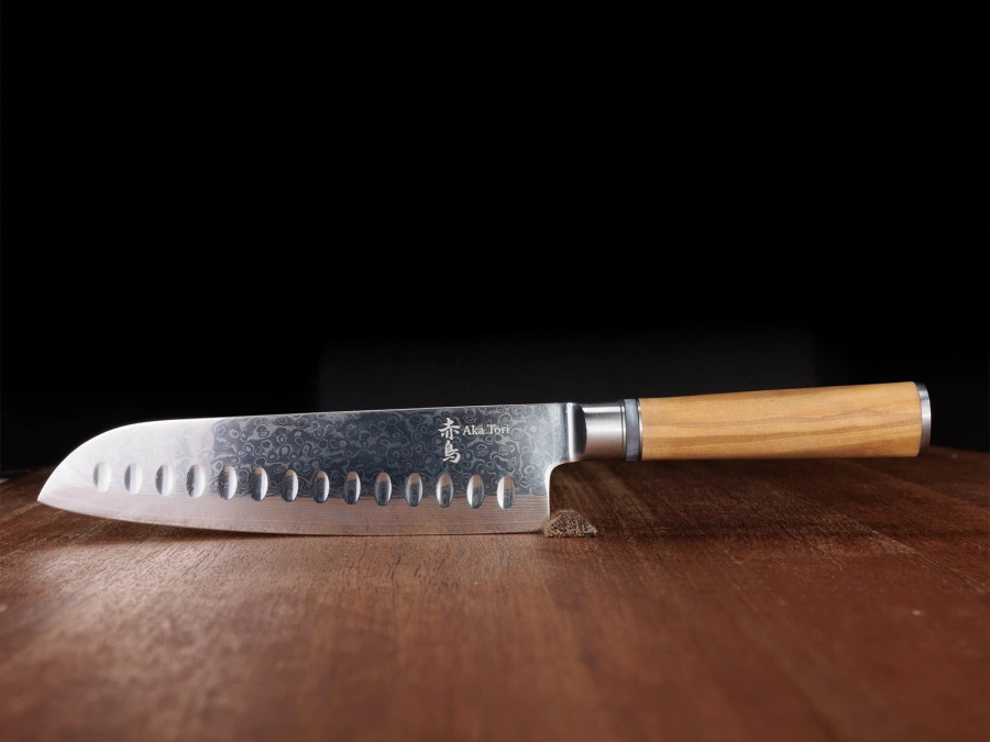 Nóż Santoku z grawerem Aka Tori ze stali damasceńskiej 7" - Kyoto Olive