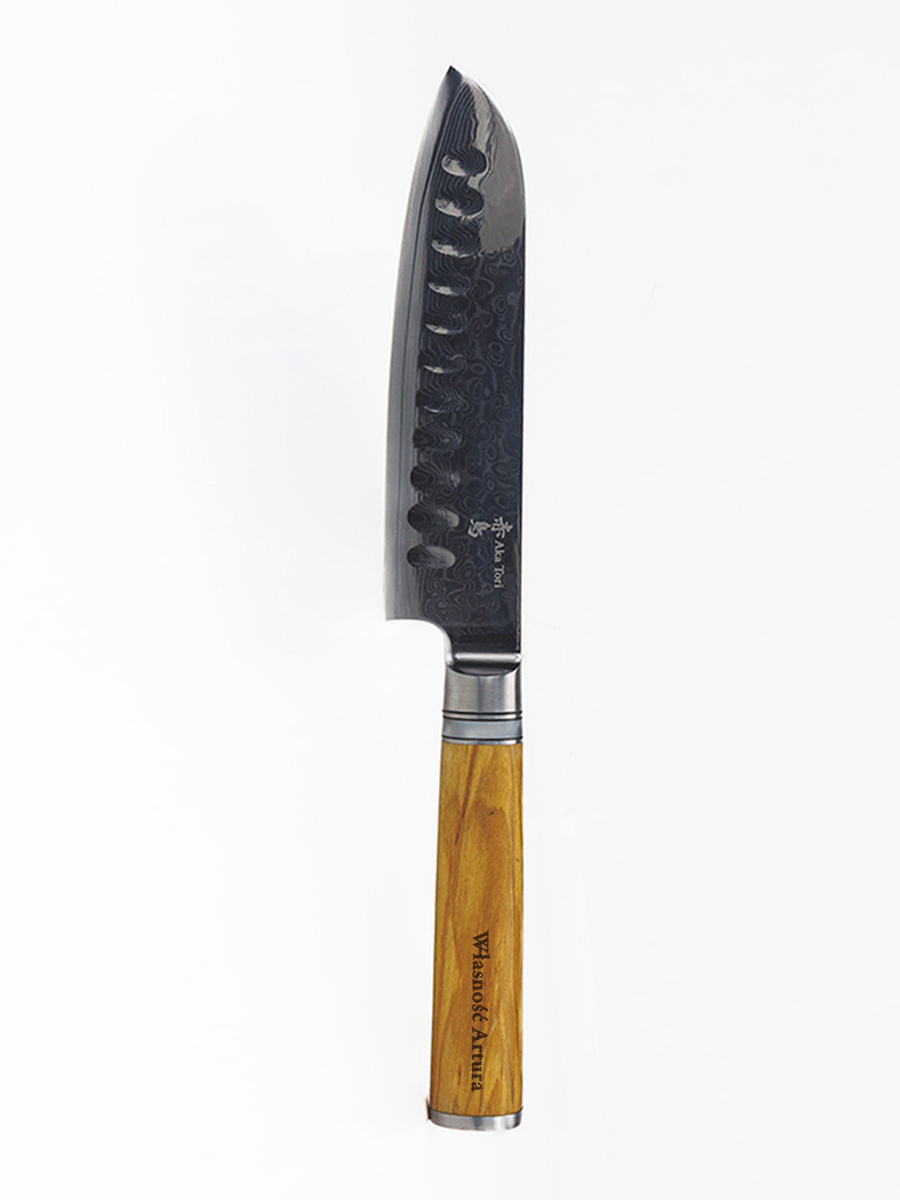Nóż Santoku z grawerem Aka Tori ze stali damasceńskiej 5" - Kyoto Olive