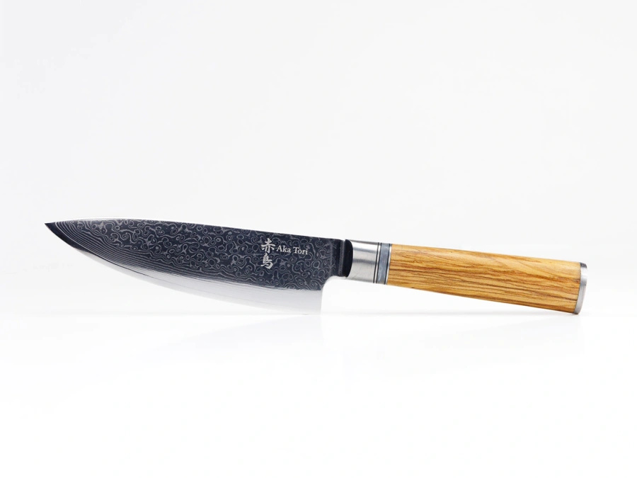 Nóż szefa kuchni z grawerem Aka Tori ze stali damasceńskiej 6" - Kyoto Olive