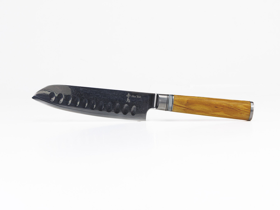 Nóż Santoku z grawerem Aka Tori ze stali damasceńskiej 5" - Kyoto Olive