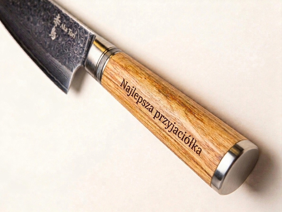 Nóż Santoku z grawerem Aka Tori ze stali damasceńskiej 7" - Kyoto Olive